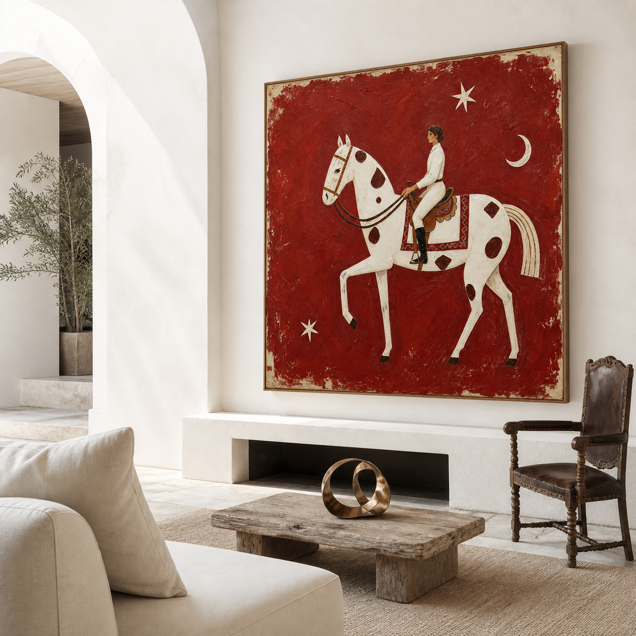 Vintage Americana white horse wall art featuring a rider on a spotted horse with a crescent moon and stars against a distressed red background.