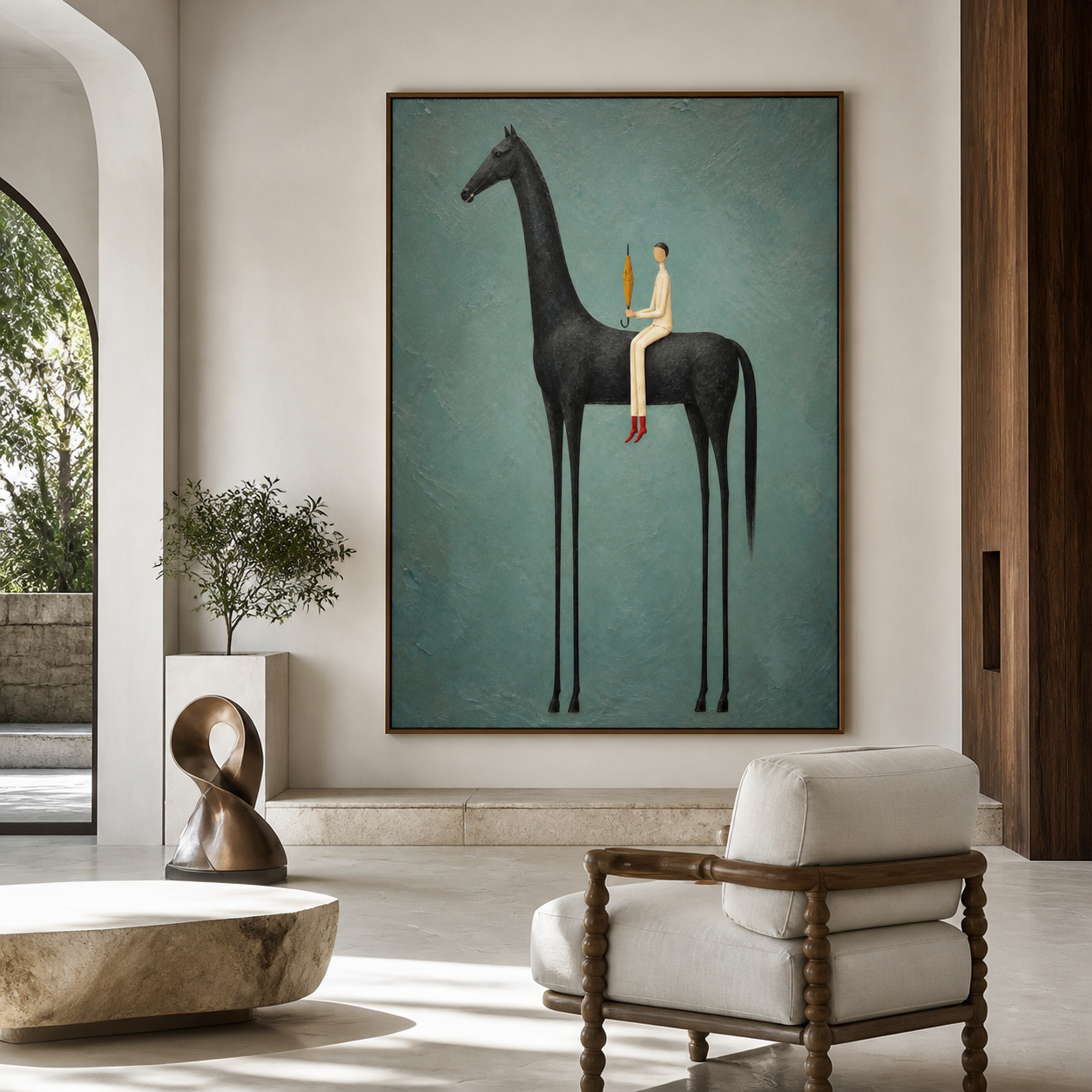 Vintage Americana black horse wall art featuring a rider with red shoes holding a small golden umbrella against a textured blue-gray background.