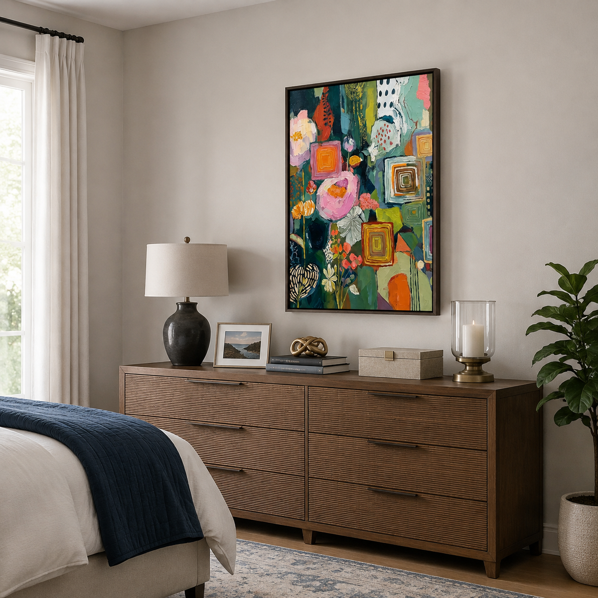 Large vertical colorful abstract wall art with flowers, geometric squares and layered pink, orange, teal and green shapes above a cream sectional sofa