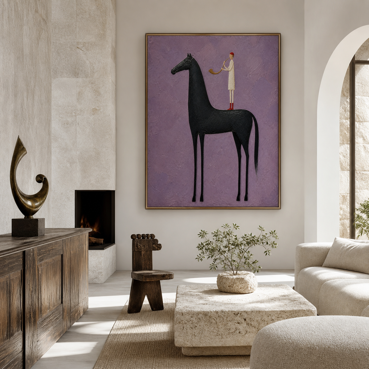 Vintage Americana black horse wall art featuring a red-haired horn player standing on a tall horse against a textured violet background.