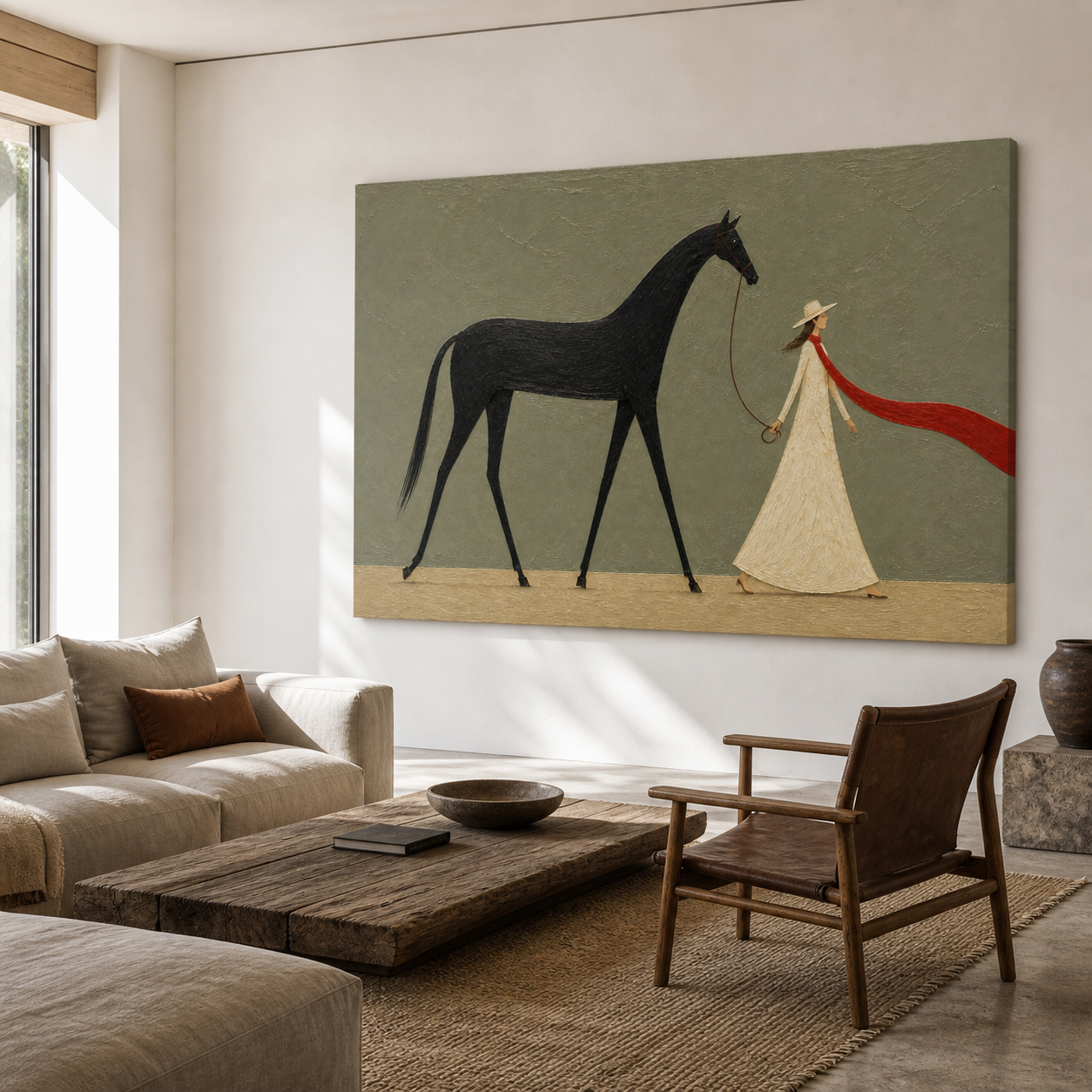 Vintage Americana woman and horse wall art featuring a woman in a cream dress walking a black horse with a long red scarf against a gray-green background.