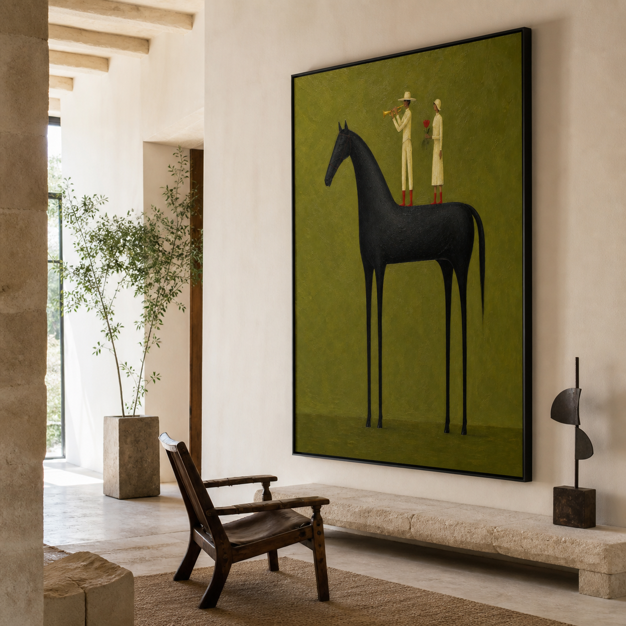 Vintage Americana black horse wall art featuring a trumpet player and a woman holding a red flower against an olive green background.