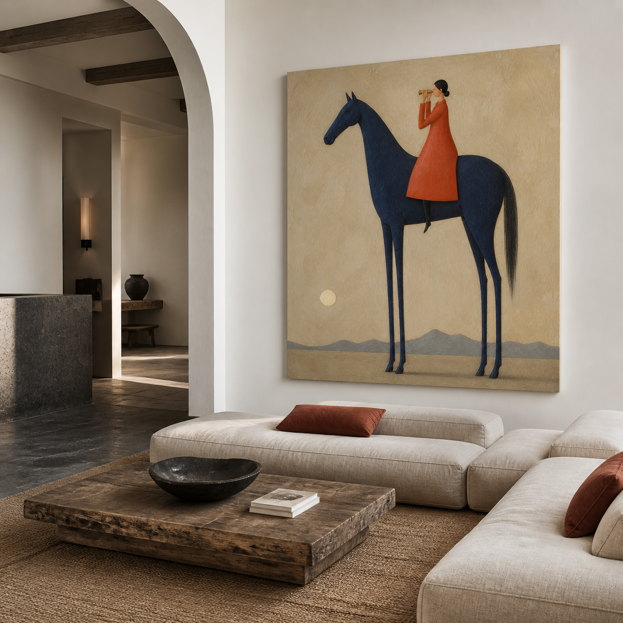 Vintage Americana horse wall art featuring a woman in an orange coat looking through a telescope while seated on a tall navy blue horse.