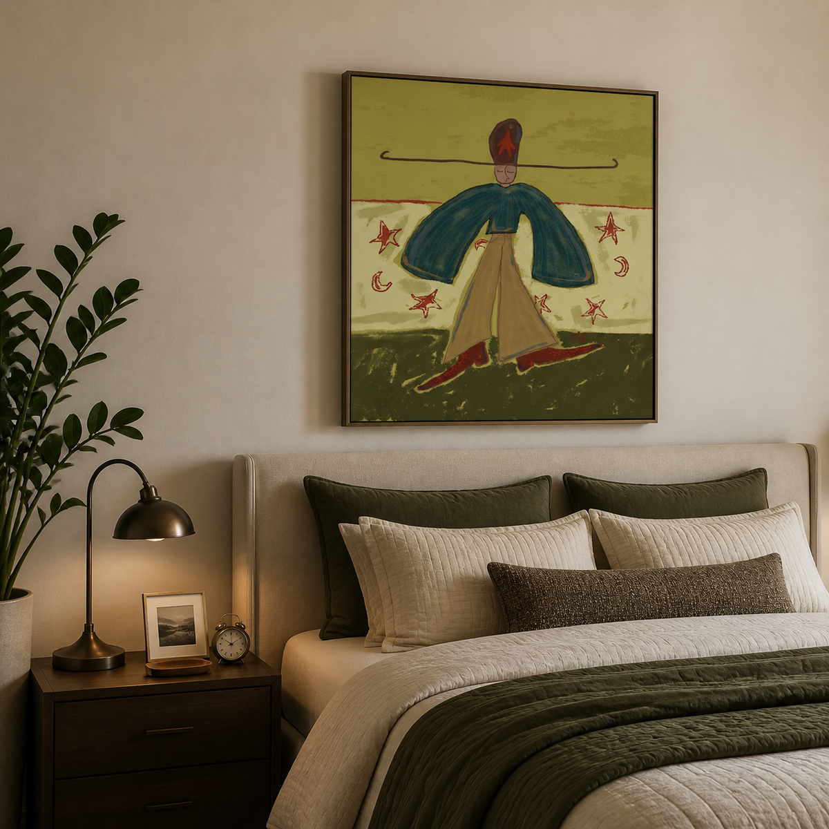 Colorful Western woman wall art with a teal cape, golden skirt and star motifs displayed above a neutral living room sofa.