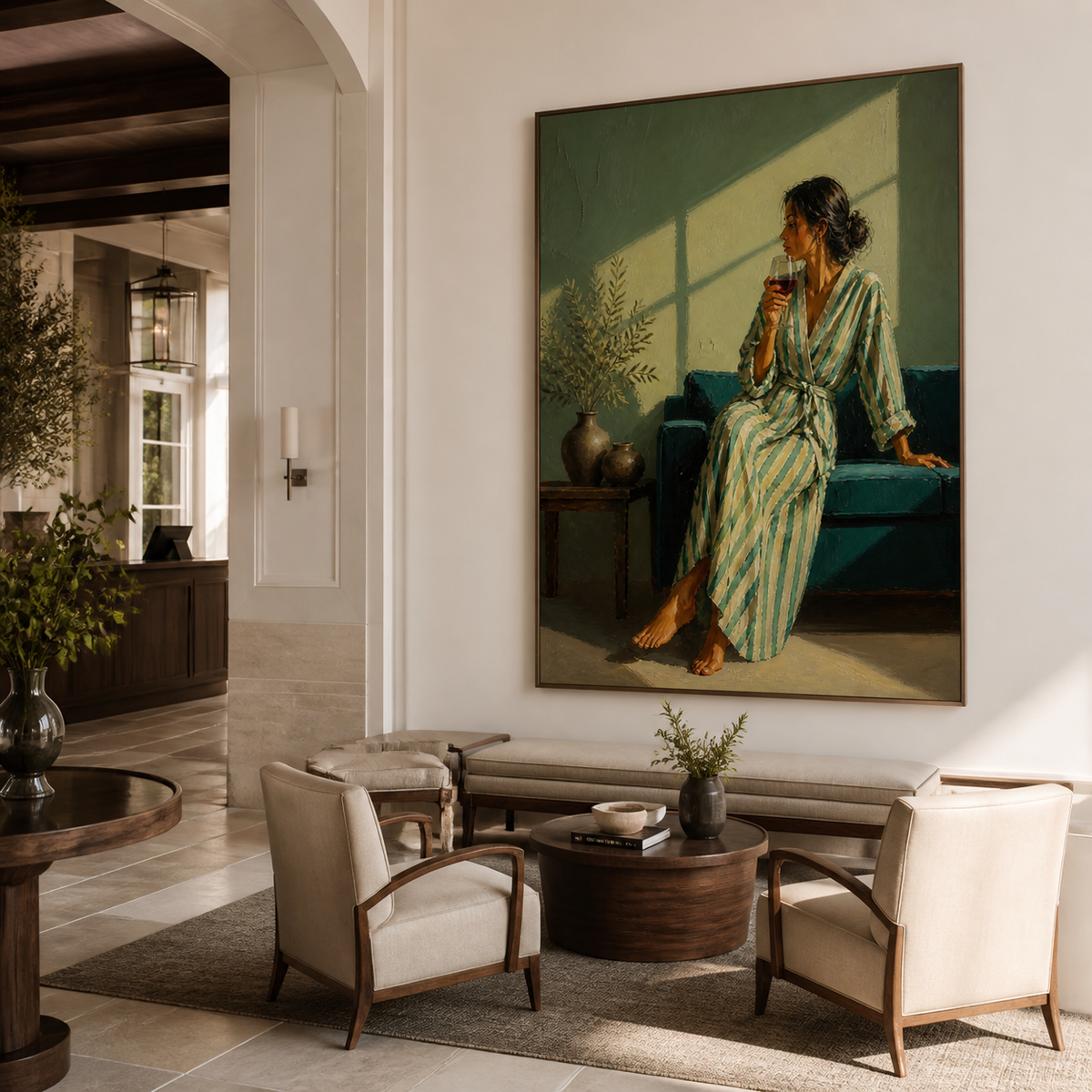 Woman drinking wine wall art featuring a barefoot figure in a striped robe seated on a teal sofa in warm window light.