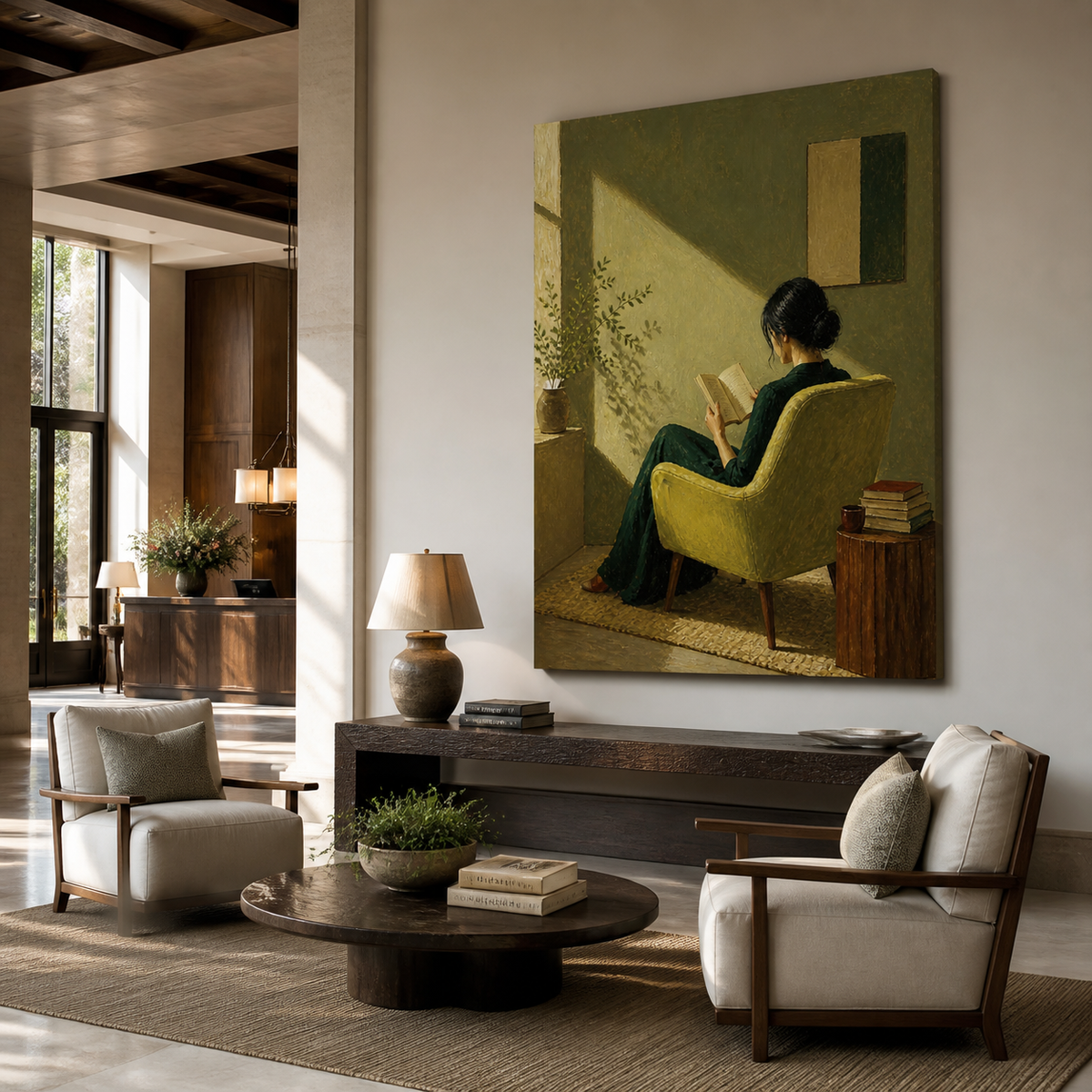 Woman reading wall art showing the back view of a reader in a dark green dress seated in a chartreuse chair with books nearby.
