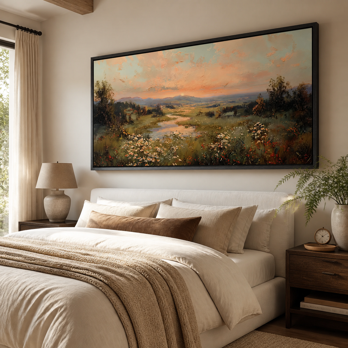 Panoramic wildflower meadow landscape wall art with a winding stream, distant hills and warm sunset sky displayed above a neutral sofa.