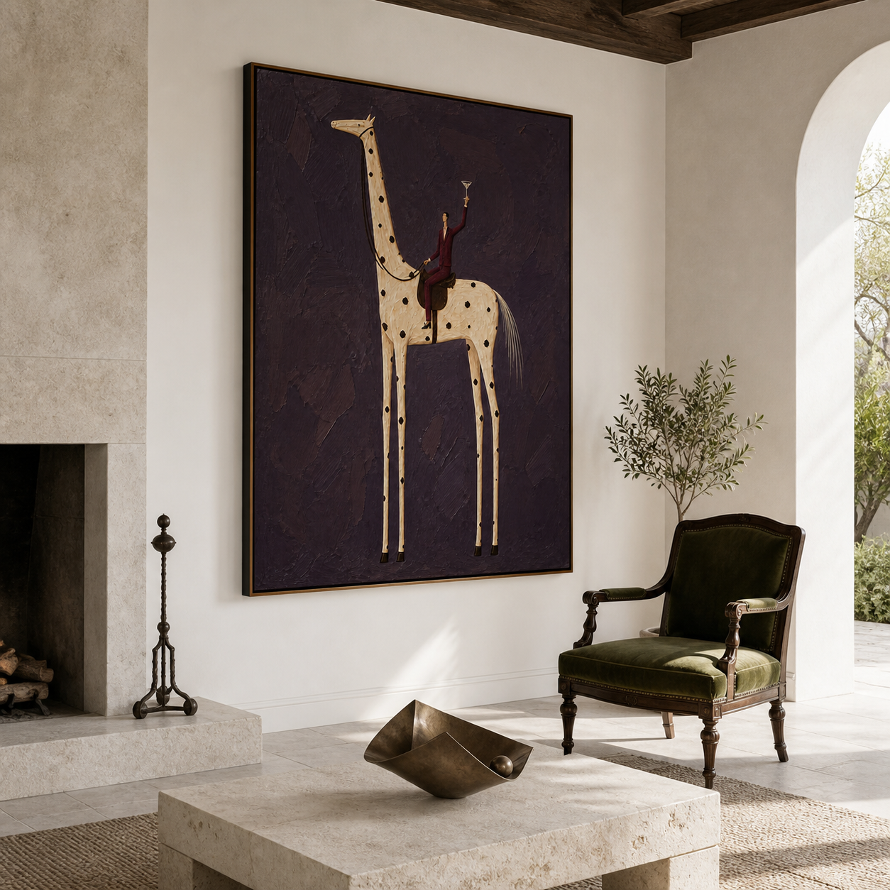 Vintage Americana bar wall art featuring a man in a burgundy suit riding a tall spotted horse and raising a cocktail glass.