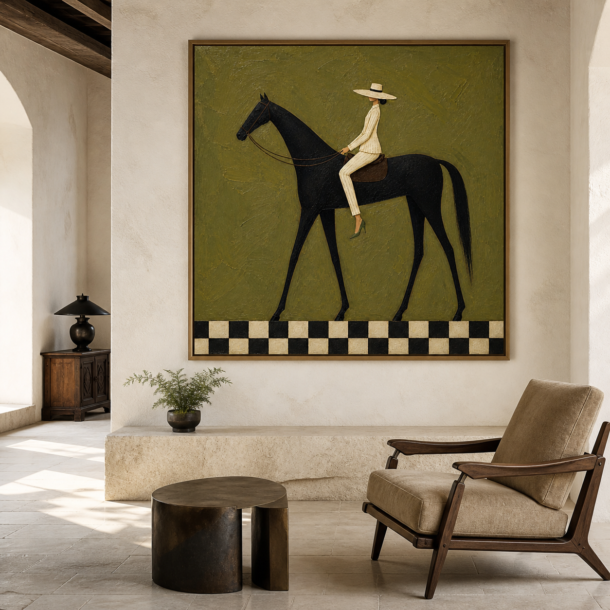Vintage Americana horse wall art featuring a woman in a striped cream suit riding a black horse above a black-and-white checkerboard border.
