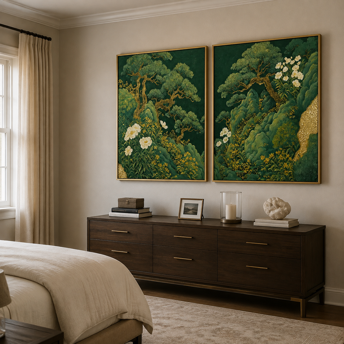 Green Botanical Wall Art Set | Emerald Garden Diptych