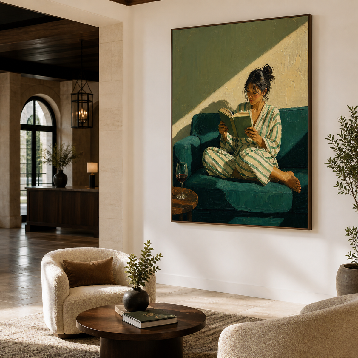 Woman reading wall art featuring a reader in striped pajamas sitting on a dark teal sofa with an open book and a glass of red wine.