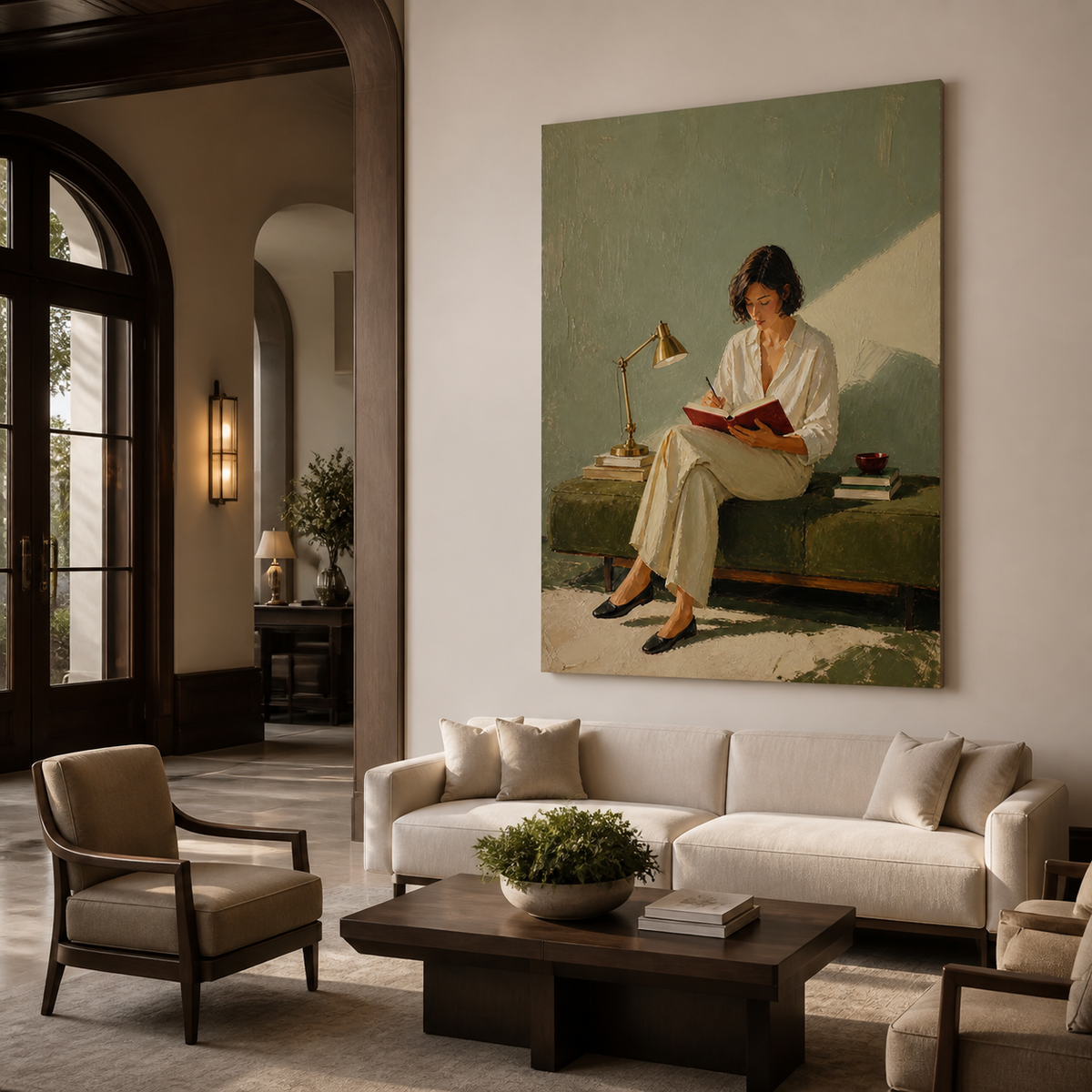 Woman writing wall art featuring a figure in white clothing journaling in a burgundy notebook beside books and a brass desk lamp.
