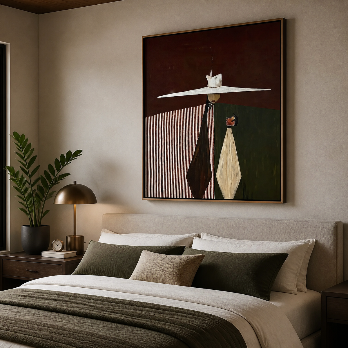 Modern Western couple wall art with two stylized figures beneath a wide white hat displayed above a neutral sofa.