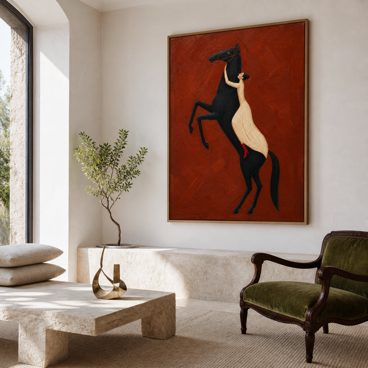 Vintage Americana woman and horse wall art featuring a woman in a cream dress embracing a rearing black horse against a crimson red background.