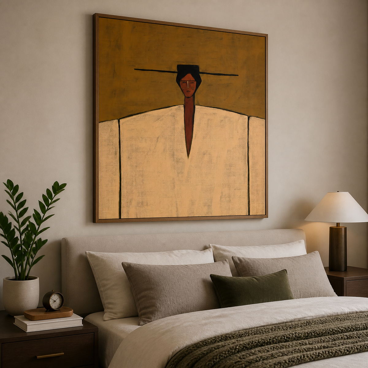 Western cowboy portrait with a long black hat and ivory garment displayed above a neutral living room sofa.