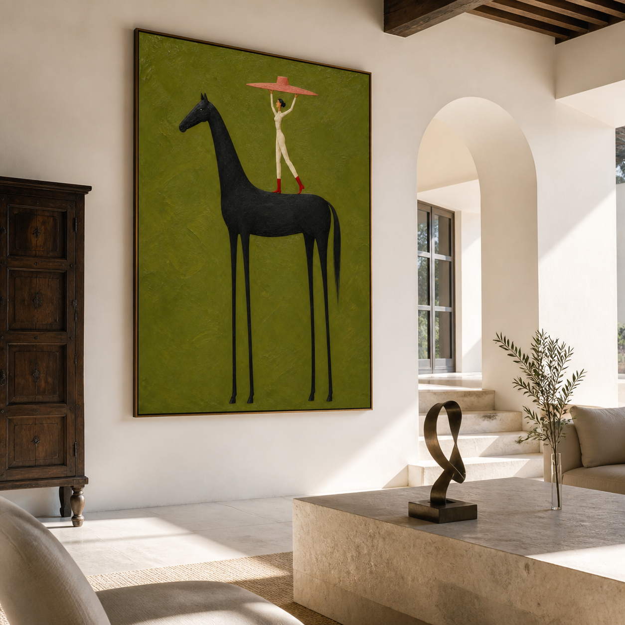 Vintage Americana circus wall art featuring an acrobat standing on a tall black horse and holding an oversized pink hat against an olive green background.