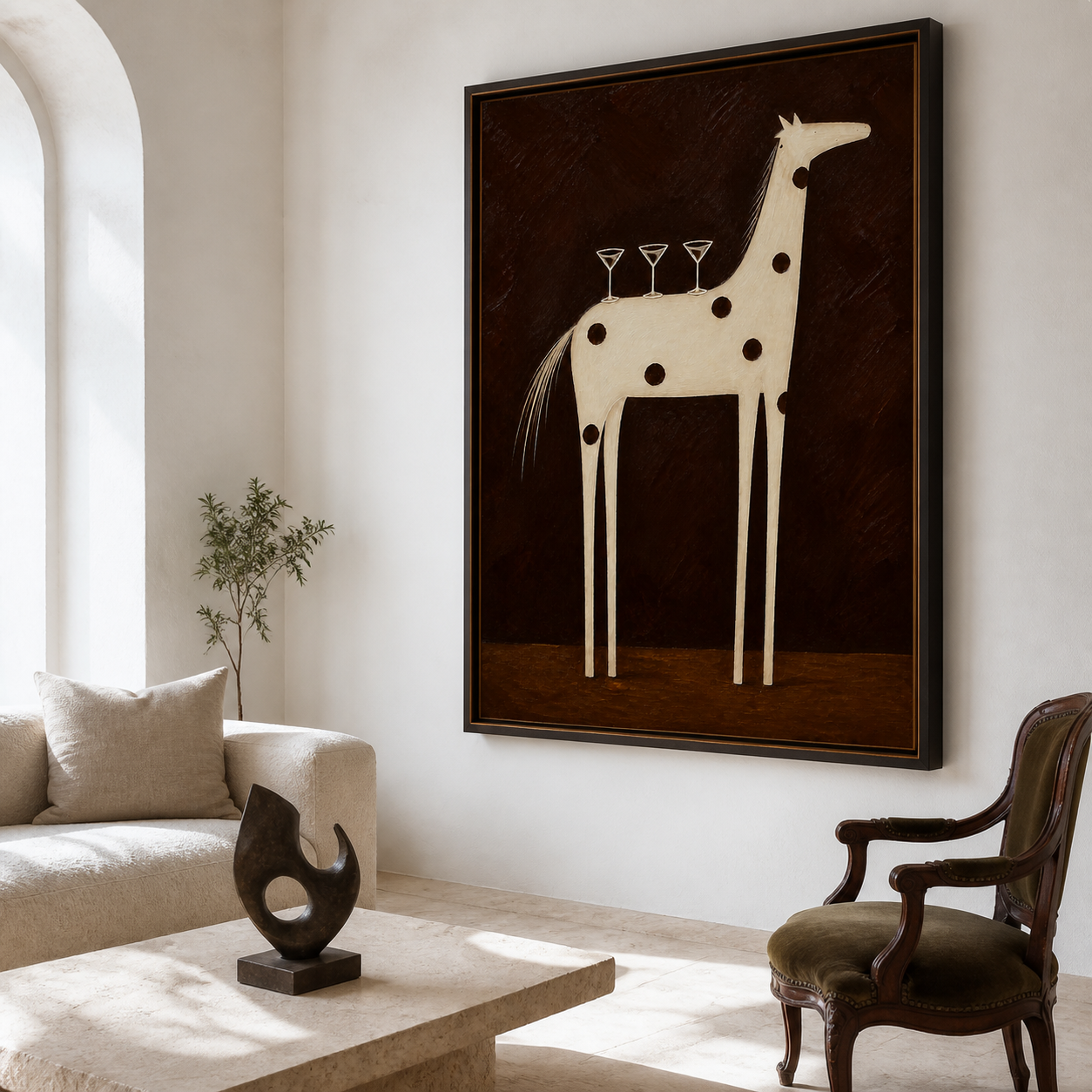 Vintage Americana bar wall art featuring a tall cream spotted horse balancing three cocktail glasses against a dark brown background.