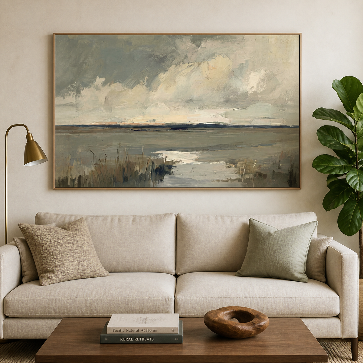Neutral coastal wall art with a tidal marsh, cloudy sky and gray-blue textured shoreline displayed above a wooden dining table.