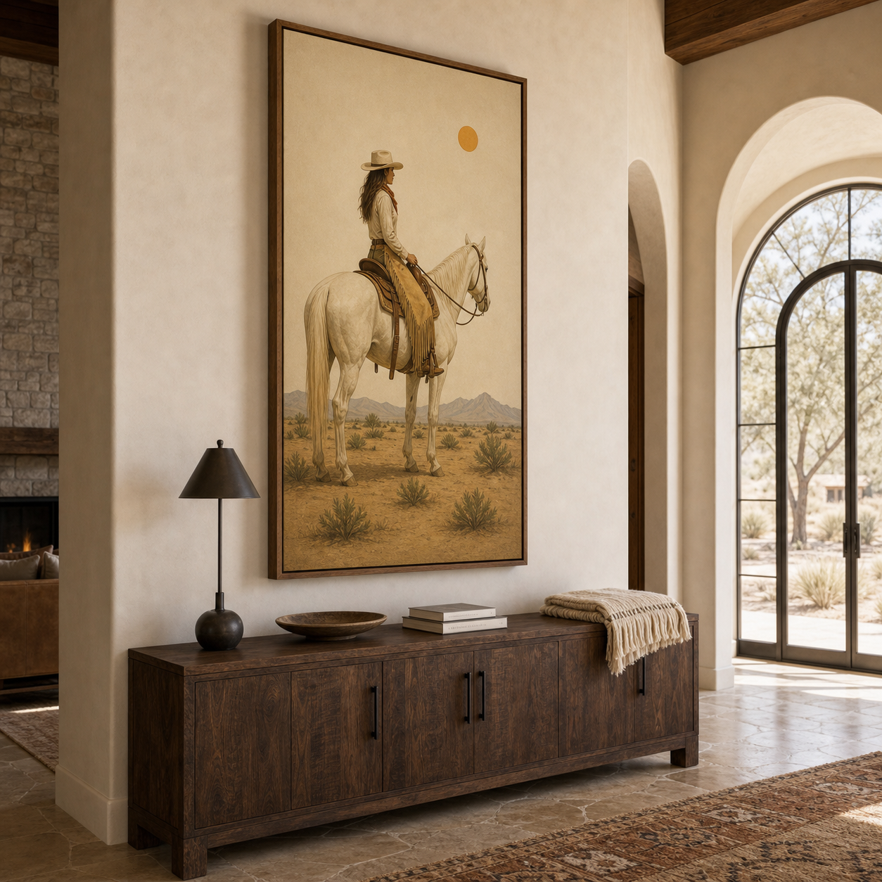 Beyond the Horizon | Hand-Painted Cowgirl on Horse Wall Art | Minimalist Western Oil Painting
