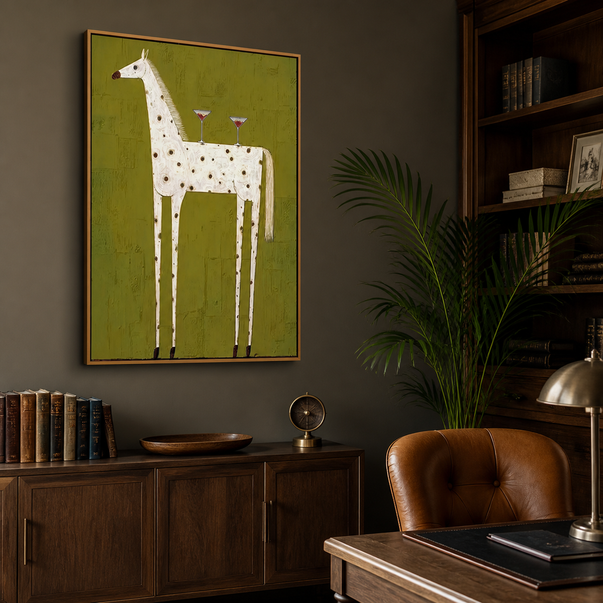 Whimsical white spotted horse wall art with two cocktail glasses on an olive-green background displayed above a sofa.