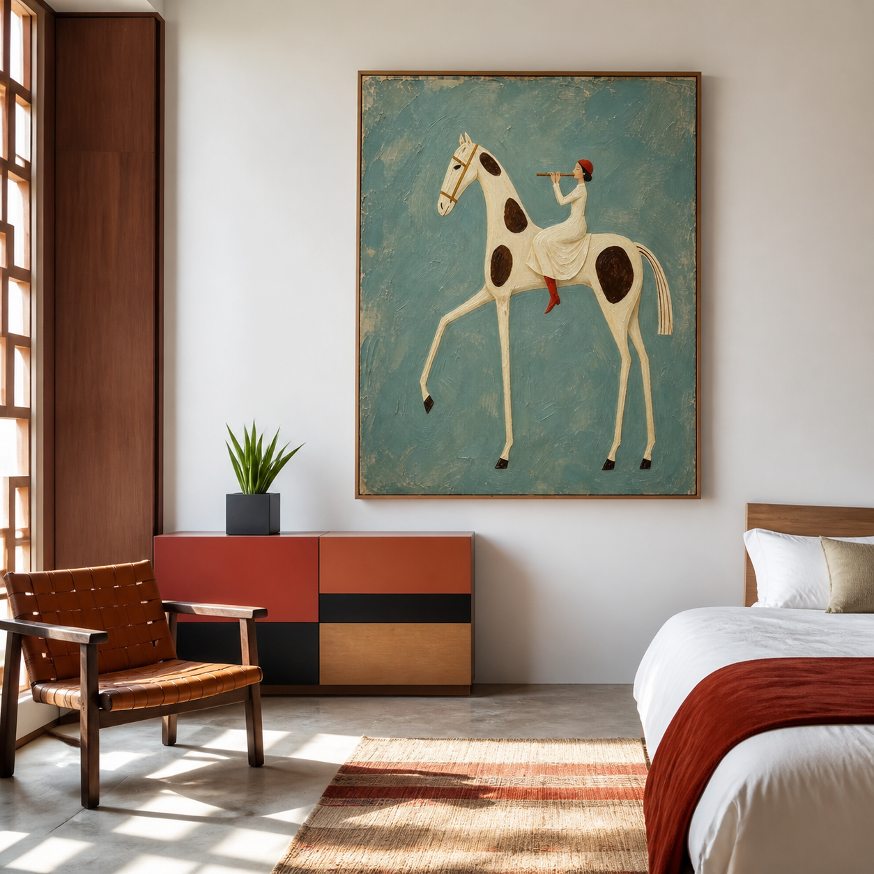 Vintage Americana musical horse art featuring a woman playing a flute while riding a white and brown spotted horse against a textured blue background.