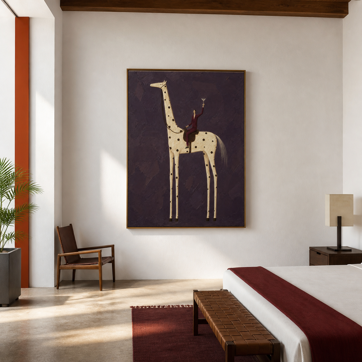 Vintage Americana bar wall art featuring a man in a burgundy suit riding a tall spotted horse and raising a cocktail glass.