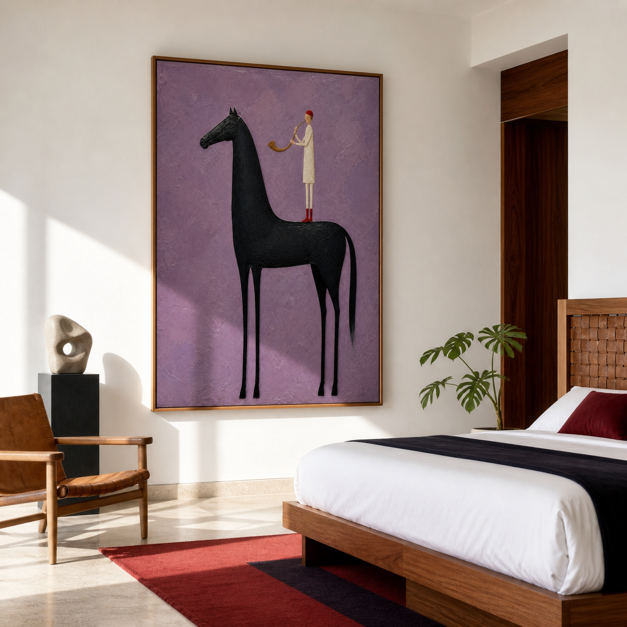 Vintage Americana black horse wall art featuring a red-haired horn player standing on a tall horse against a textured violet background.
