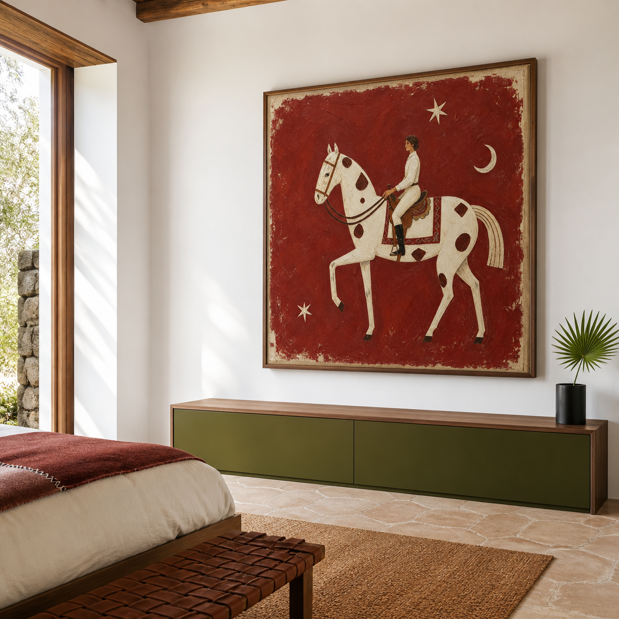 Vintage Americana white horse wall art featuring a rider on a spotted horse with a crescent moon and stars against a distressed red background.