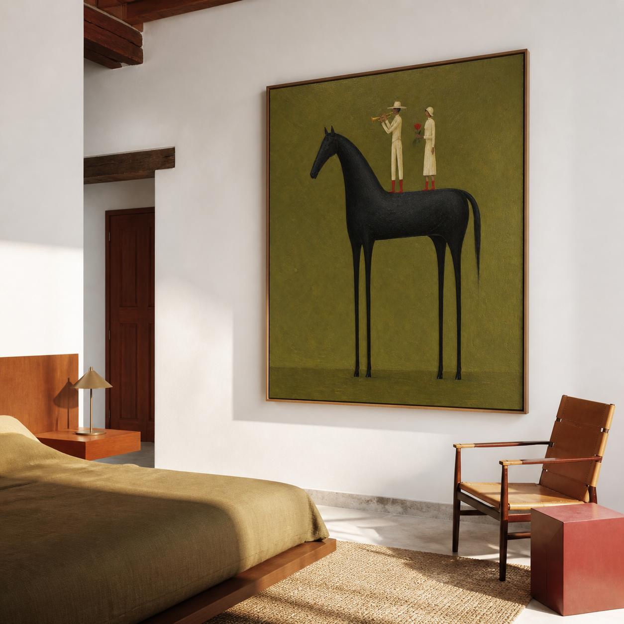 Vintage Americana black horse wall art featuring a trumpet player and a woman holding a red flower against an olive green background.