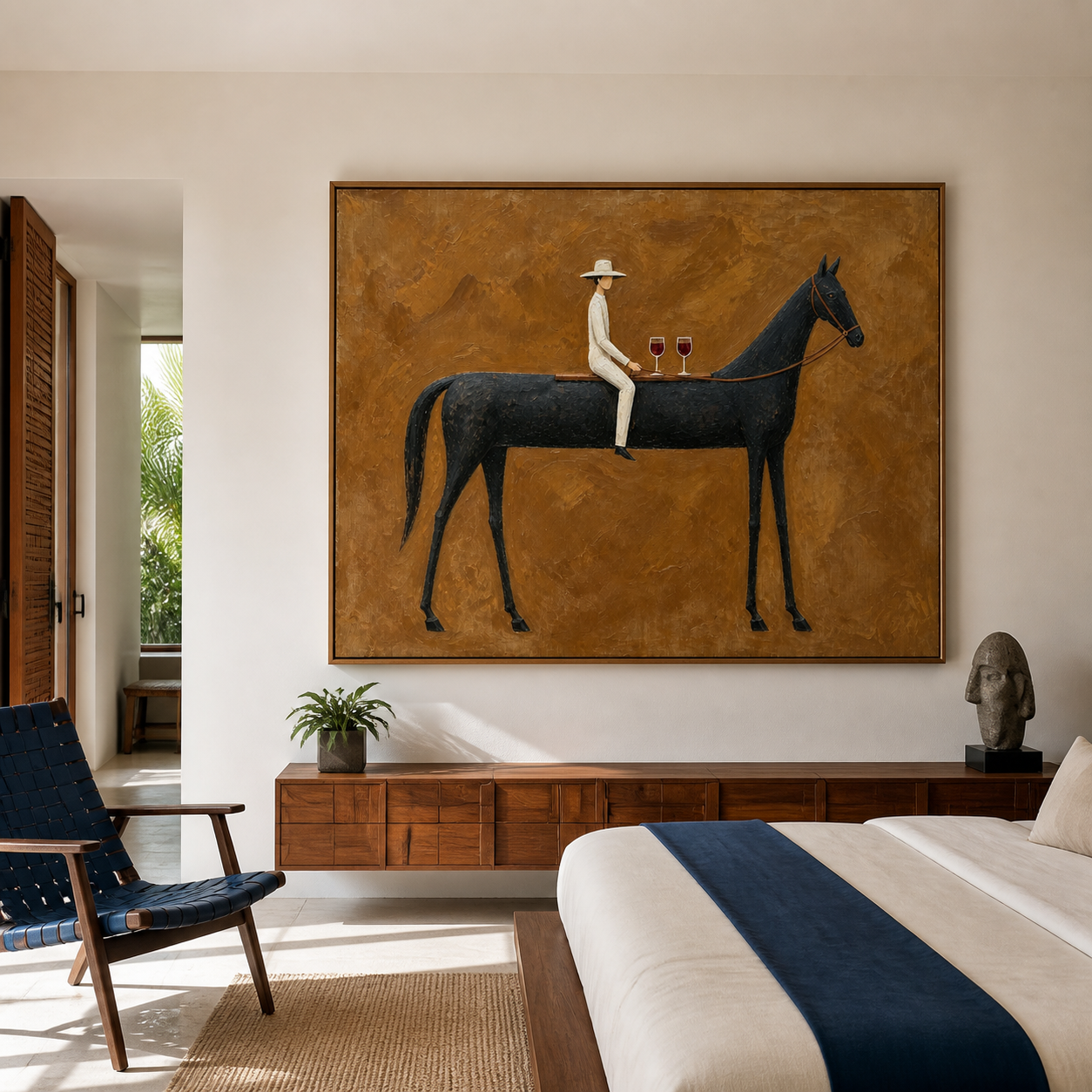 Vintage Americana wine wall art featuring a rider in white seated on a black horse beside two red wine glasses against an ochre brown background.