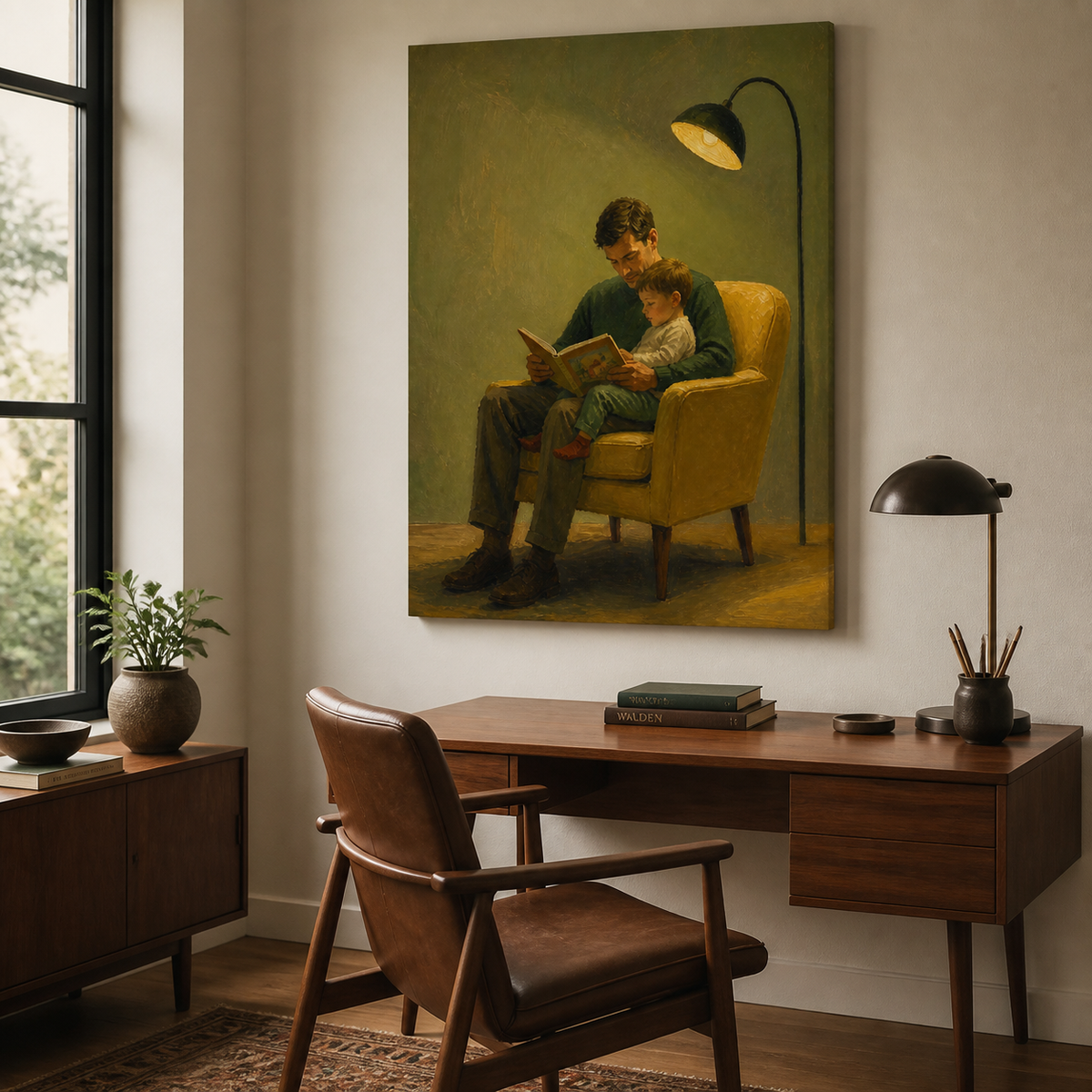 Father and son reading wall art featuring a parent sharing an illustrated storybook with a child in a mustard yellow armchair.