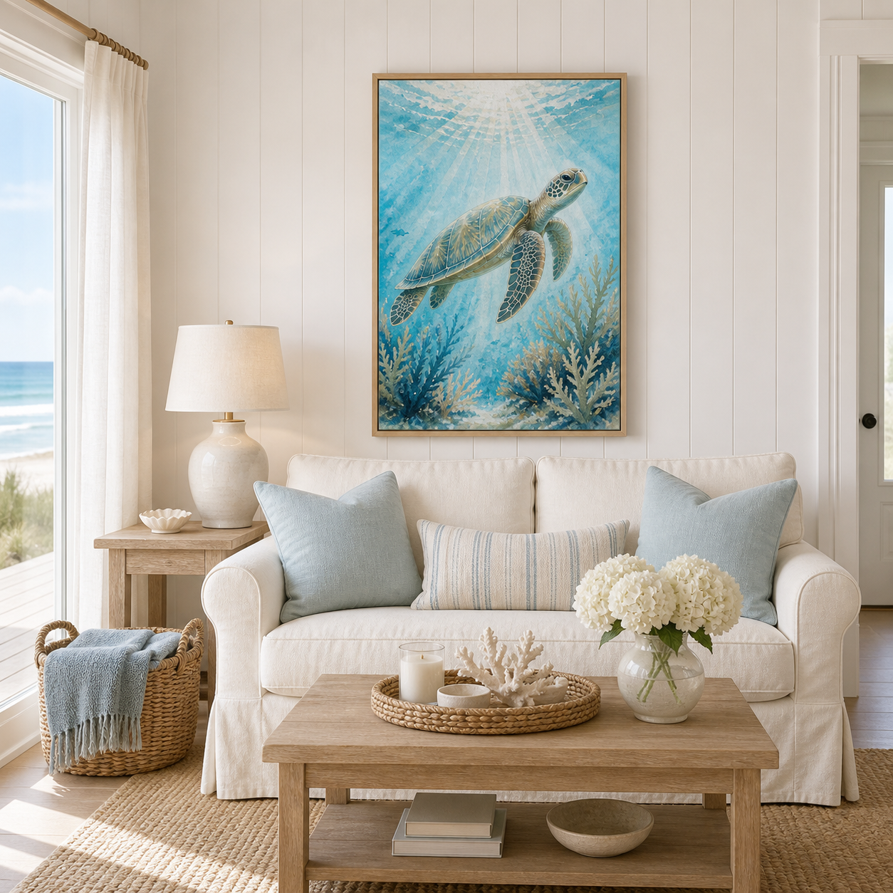 Hand-Textured Sea Turtle Underwater Wall Art