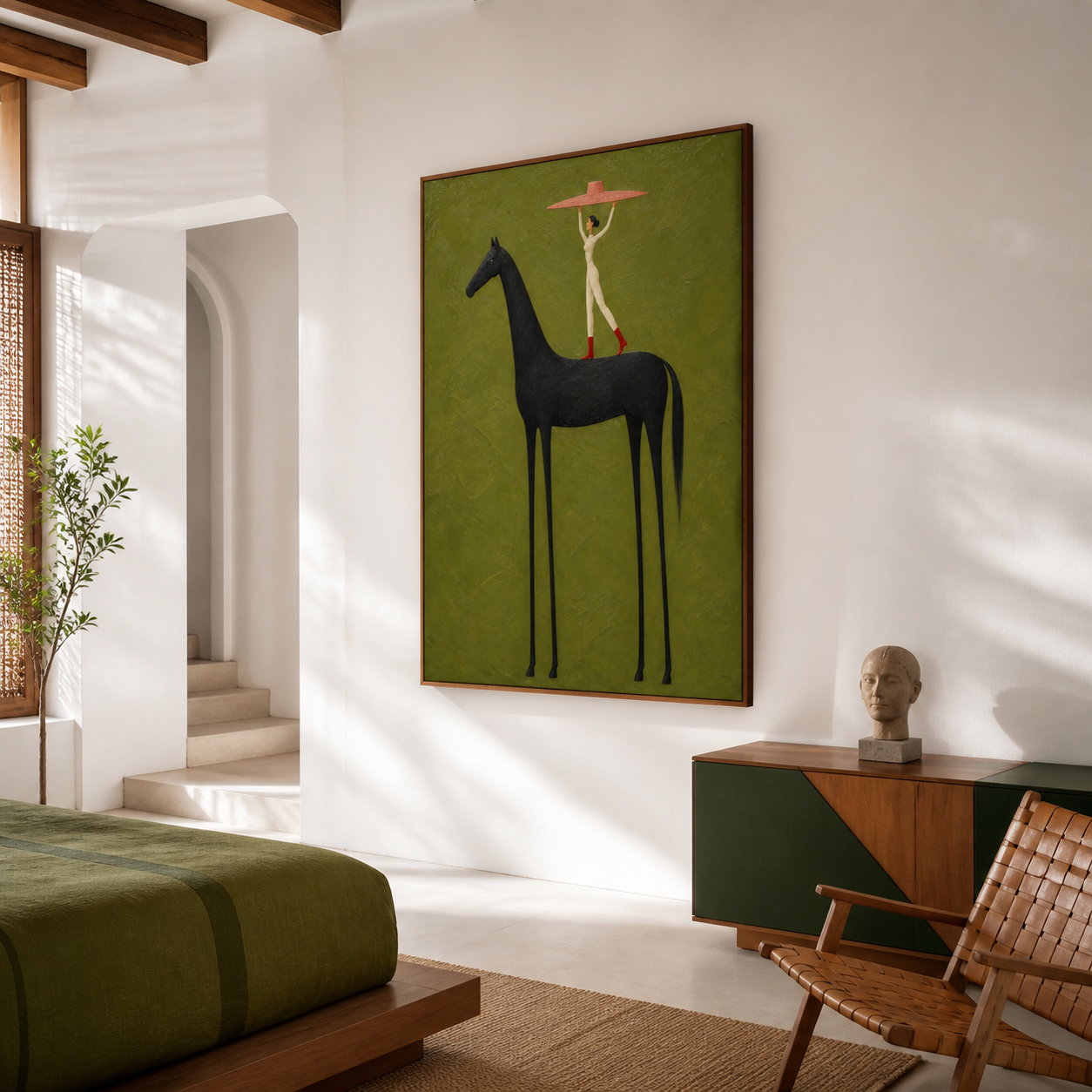 Vintage Americana circus wall art featuring an acrobat standing on a tall black horse and holding an oversized pink hat against an olive green background.