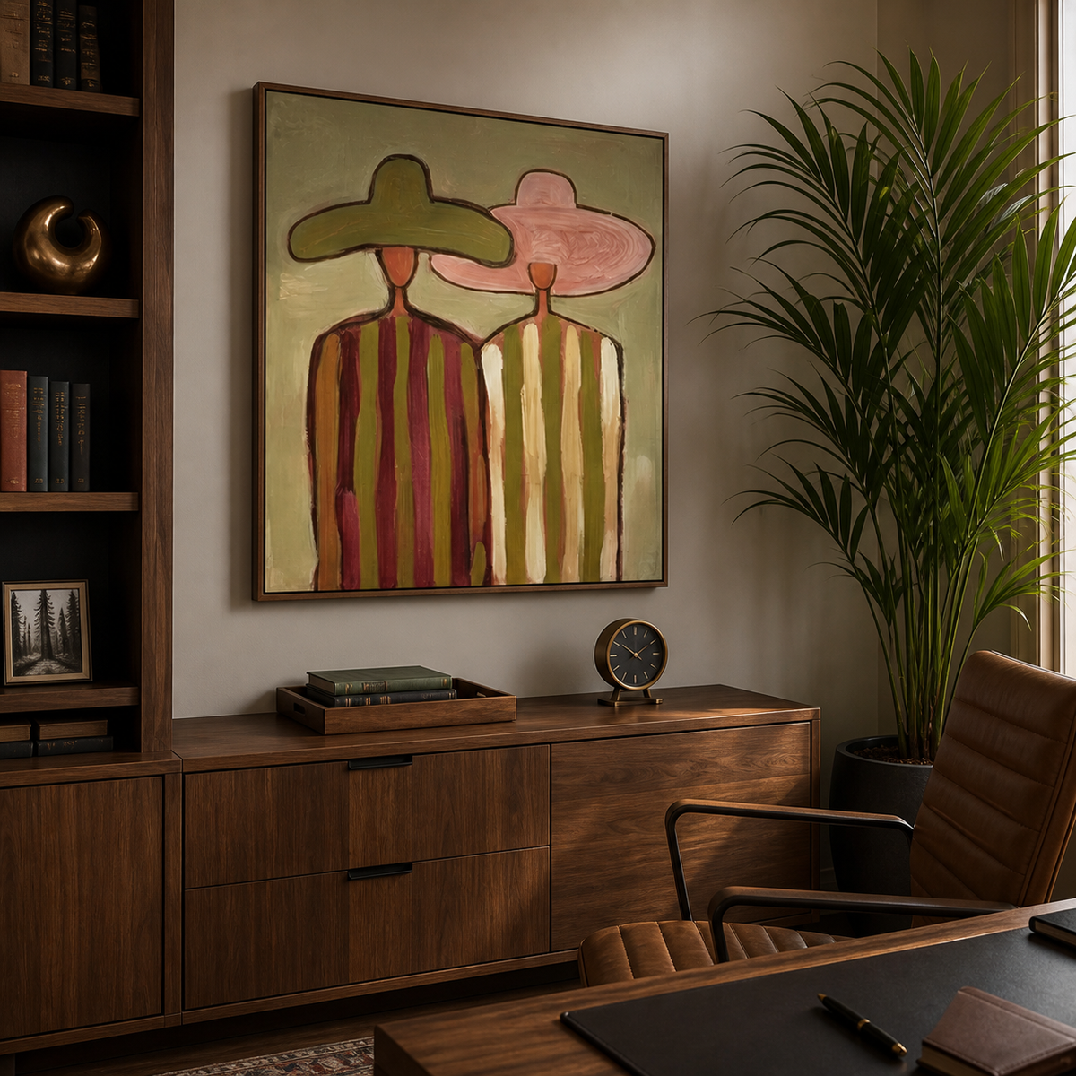 Western wall art of two cowboys in olive and pink hats with striped clothing displayed above a neutral living room sofa.