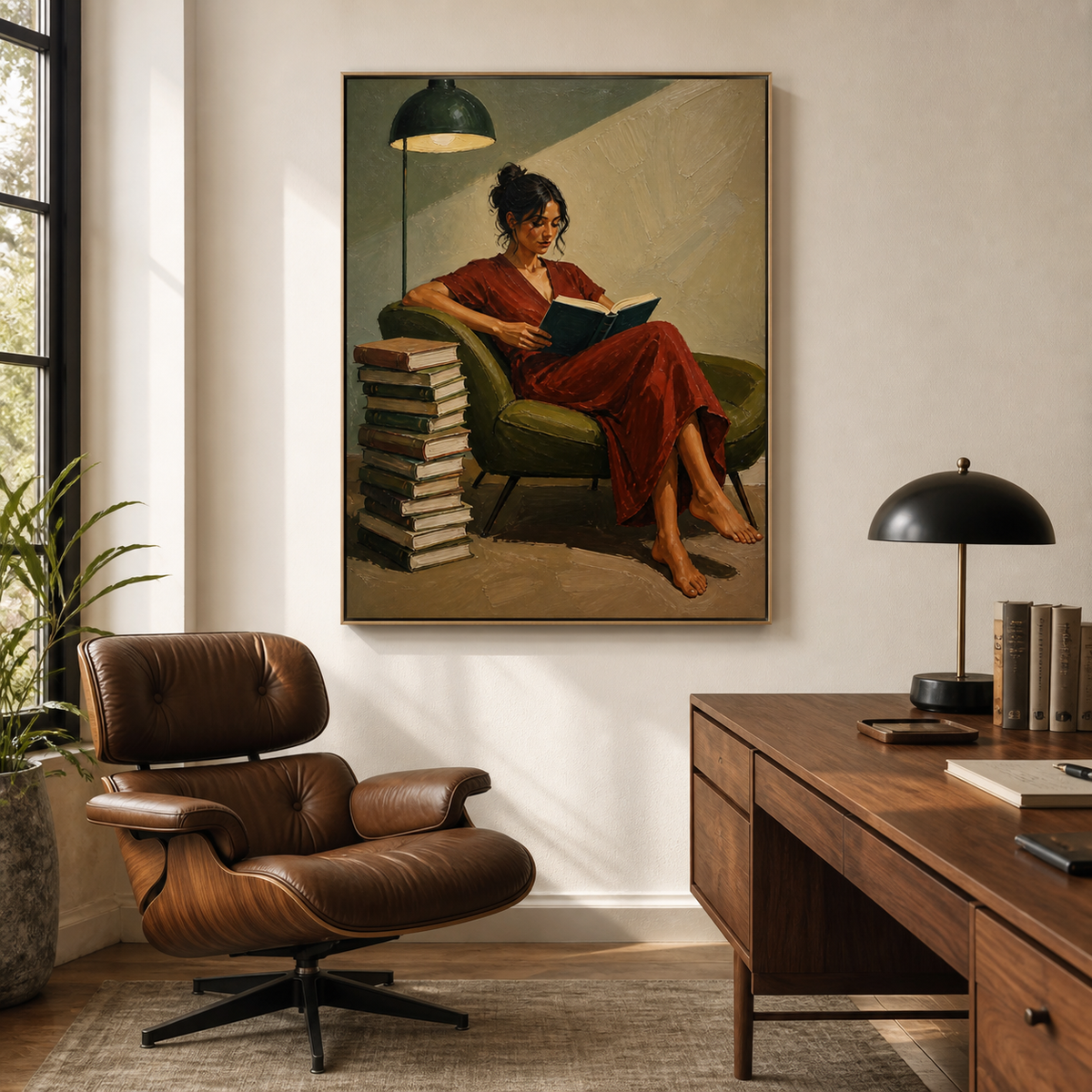 Woman reading wall art featuring a barefoot reader in a brick-red dress seated in an olive armchair beside a tall stack of books.