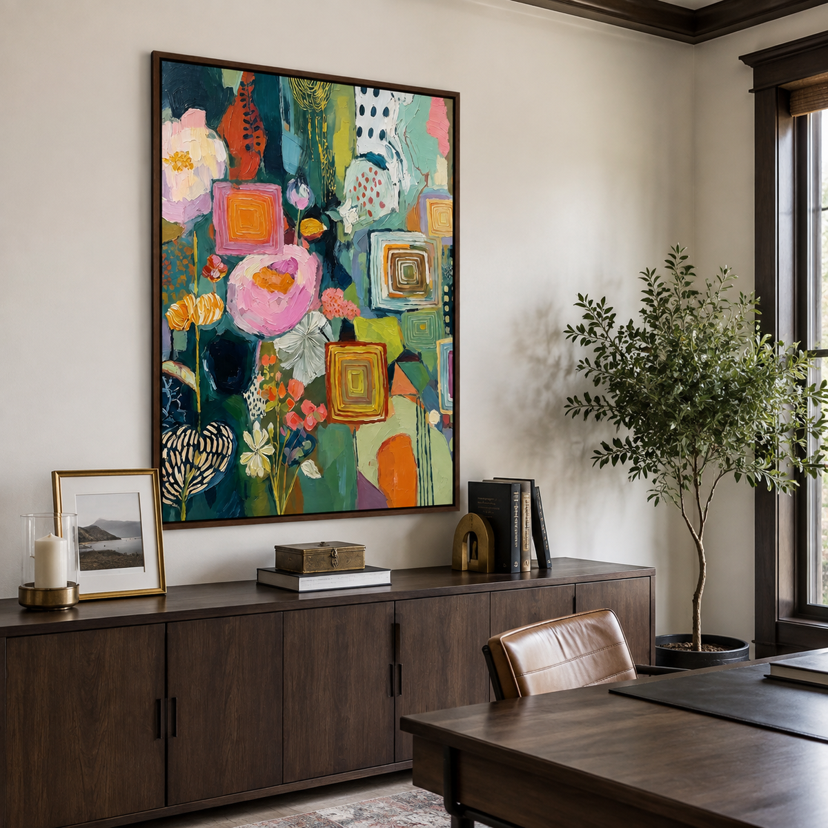 Large vertical colorful abstract wall art with flowers, geometric squares and layered pink, orange, teal and green shapes above a cream sectional sofa