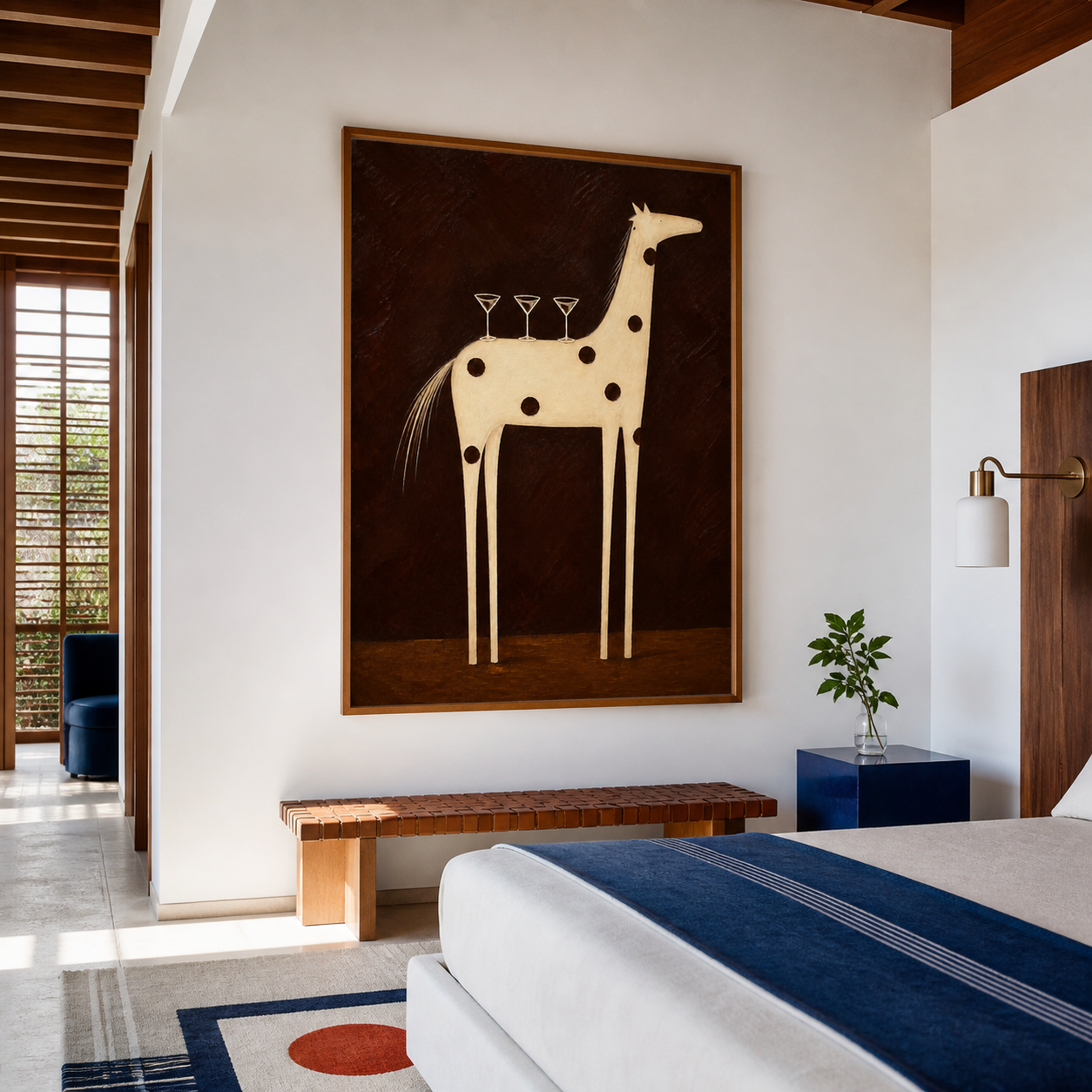 Vintage Americana bar wall art featuring a tall cream spotted horse balancing three cocktail glasses against a dark brown background.