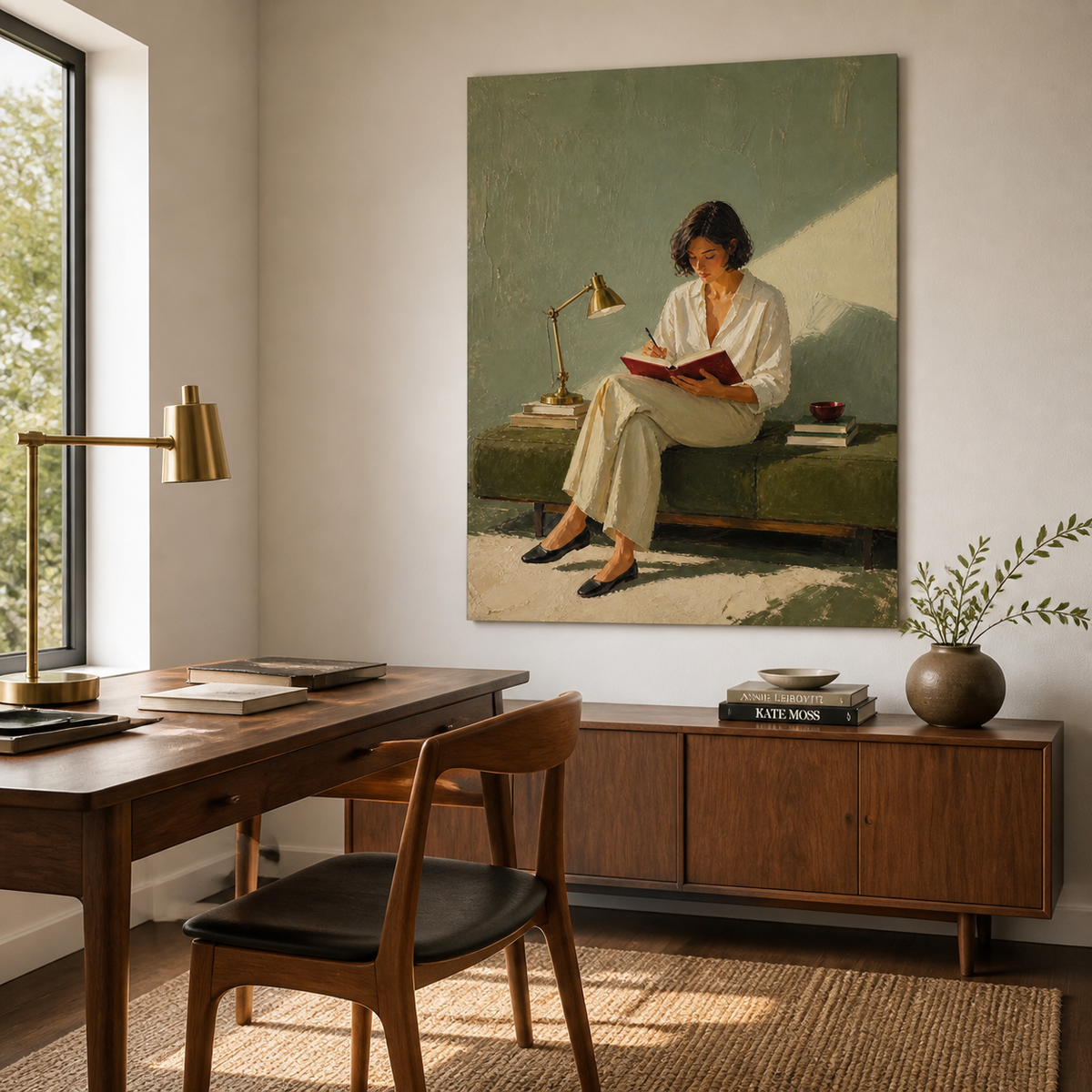 Woman writing wall art featuring a figure in white clothing journaling in a burgundy notebook beside books and a brass desk lamp.