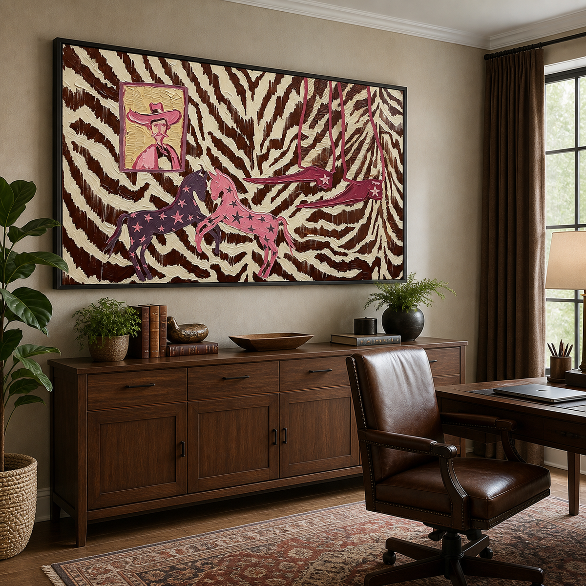 Panoramic pink horse wall art with two running horses on a brown zebra-print background displayed above a leather sofa.