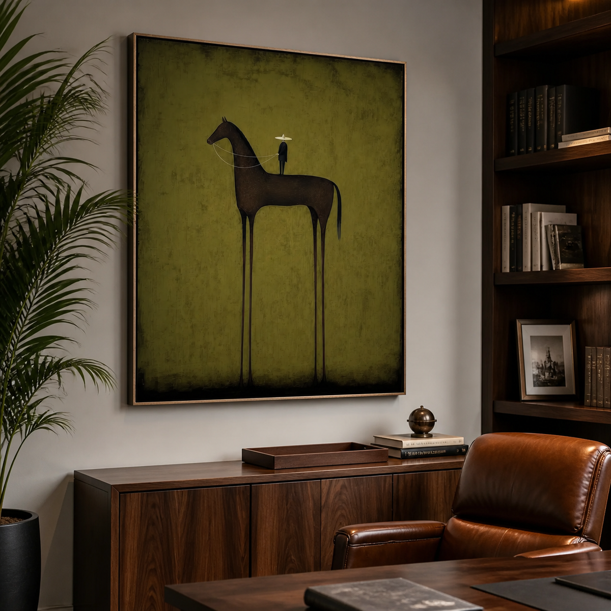 Vertical black horse wall art with a small cowboy figure on an olive-green background displayed above a sofa.