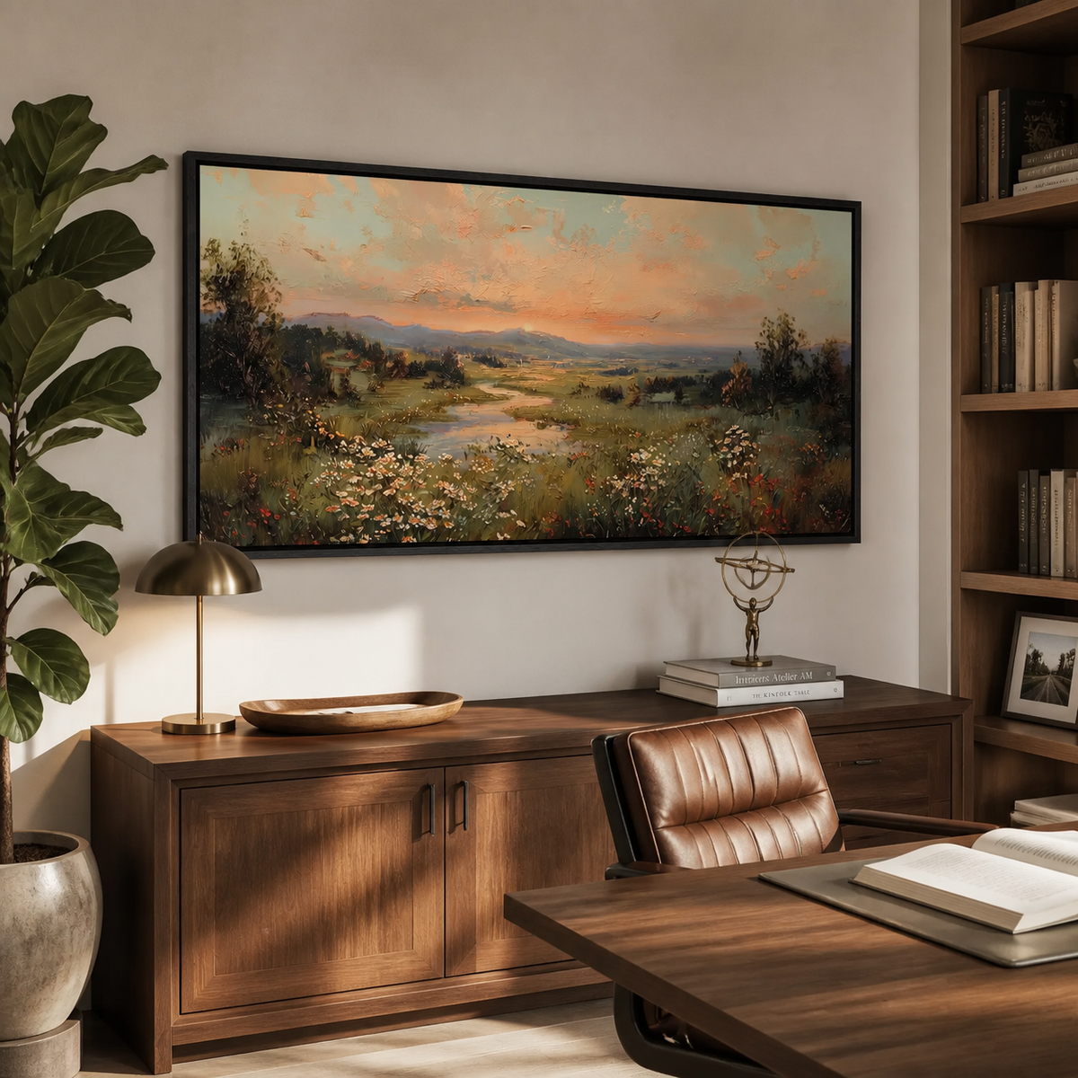 Panoramic wildflower meadow landscape wall art with a winding stream, distant hills and warm sunset sky displayed above a neutral sofa.