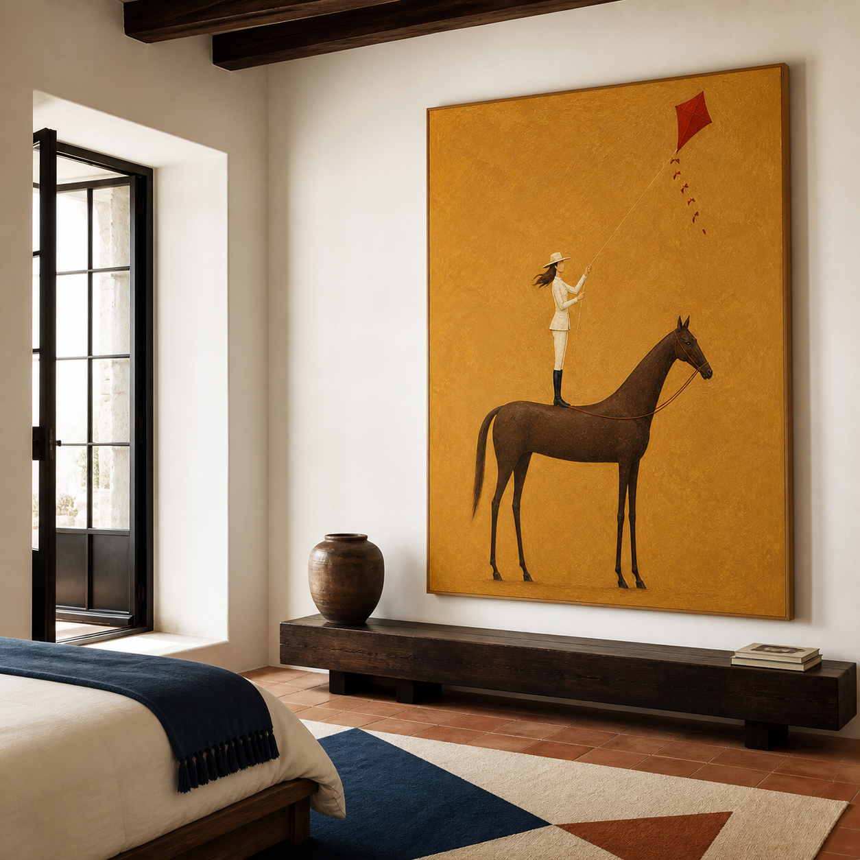 Vintage Americana horse wall art featuring a woman standing on a brown horse and flying a red kite against a textured mustard yellow background.