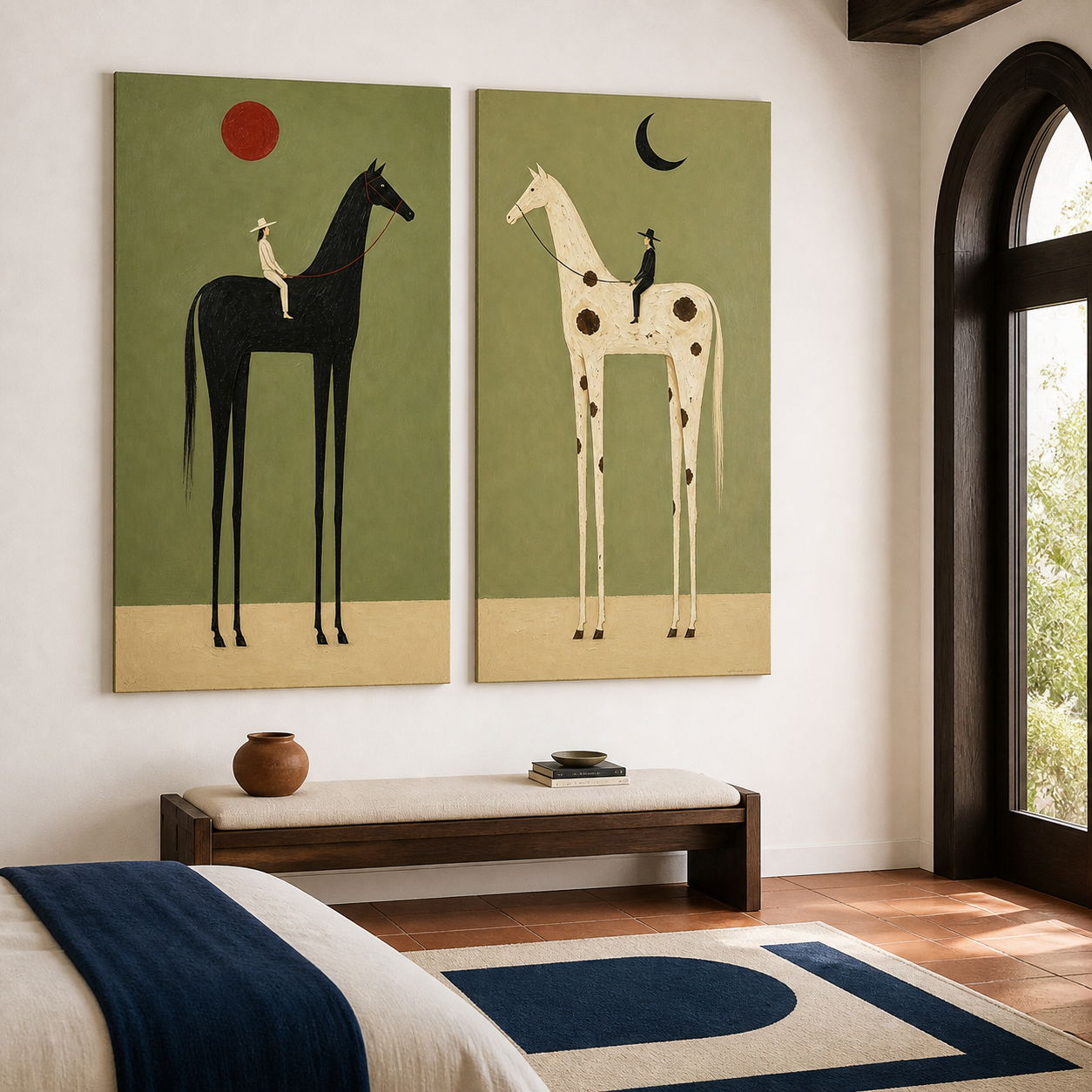 Vintage Americana horse wall art set of two featuring riders on black and white horses beneath a red sun and black crescent moon.