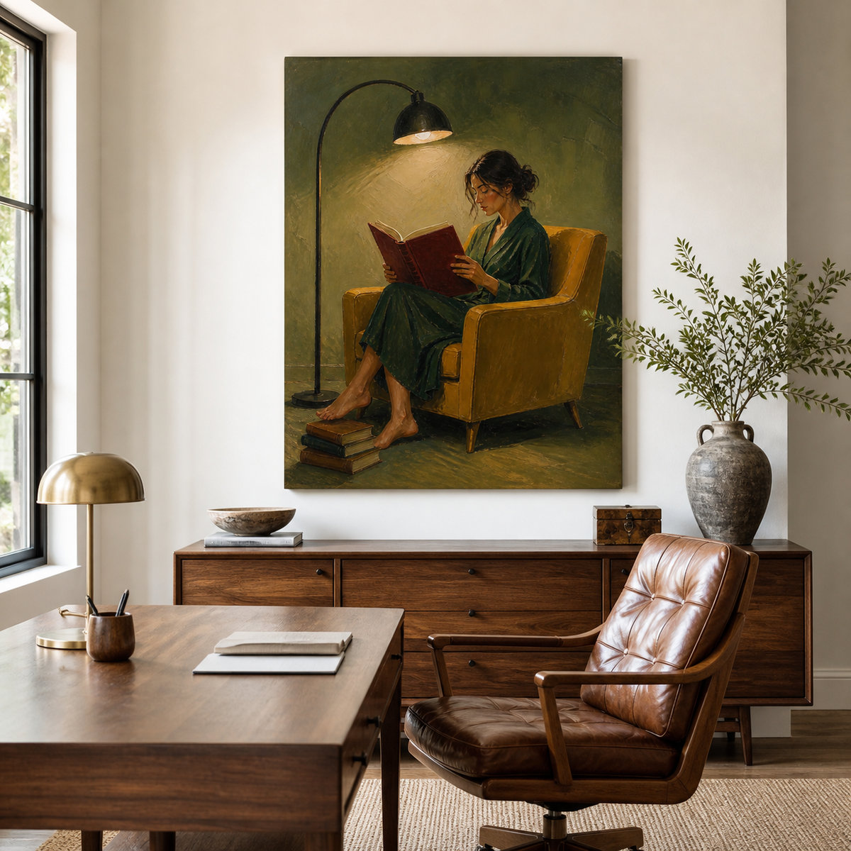Woman reading wall art featuring a reader in a green dress seated in a mustard yellow armchair beneath a curved floor lamp.