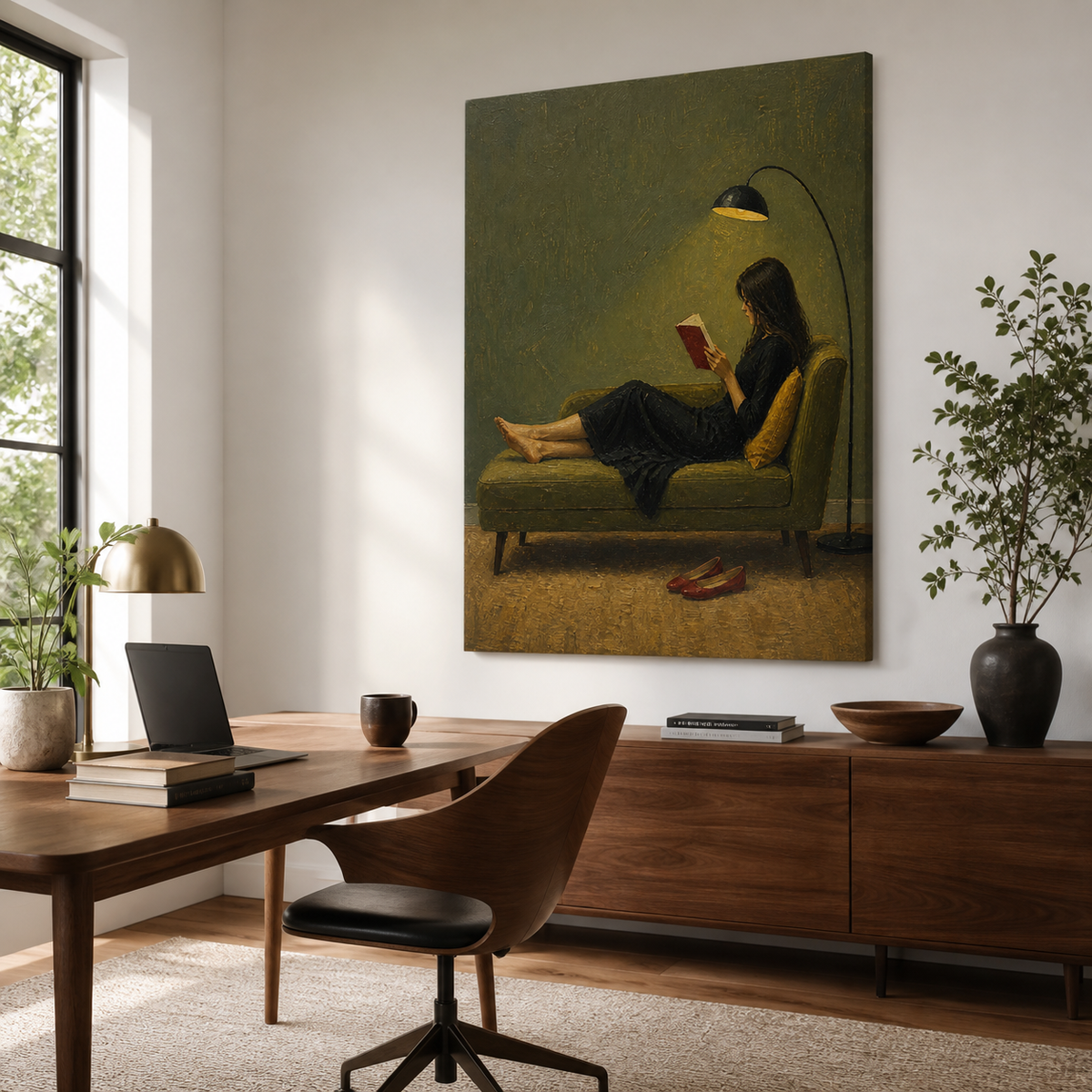 Woman reading wall art featuring a barefoot reader in a black dress reclining on an olive green chaise with a red book.