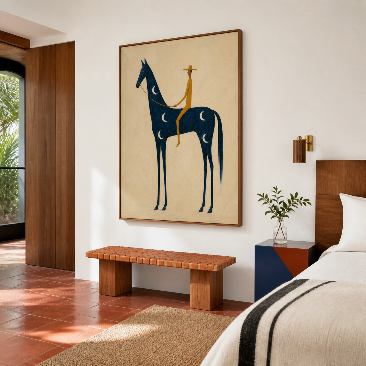 Vintage Americana cowboy wall art featuring a golden rider on a blue horse decorated with crescent moons against a textured cream background.