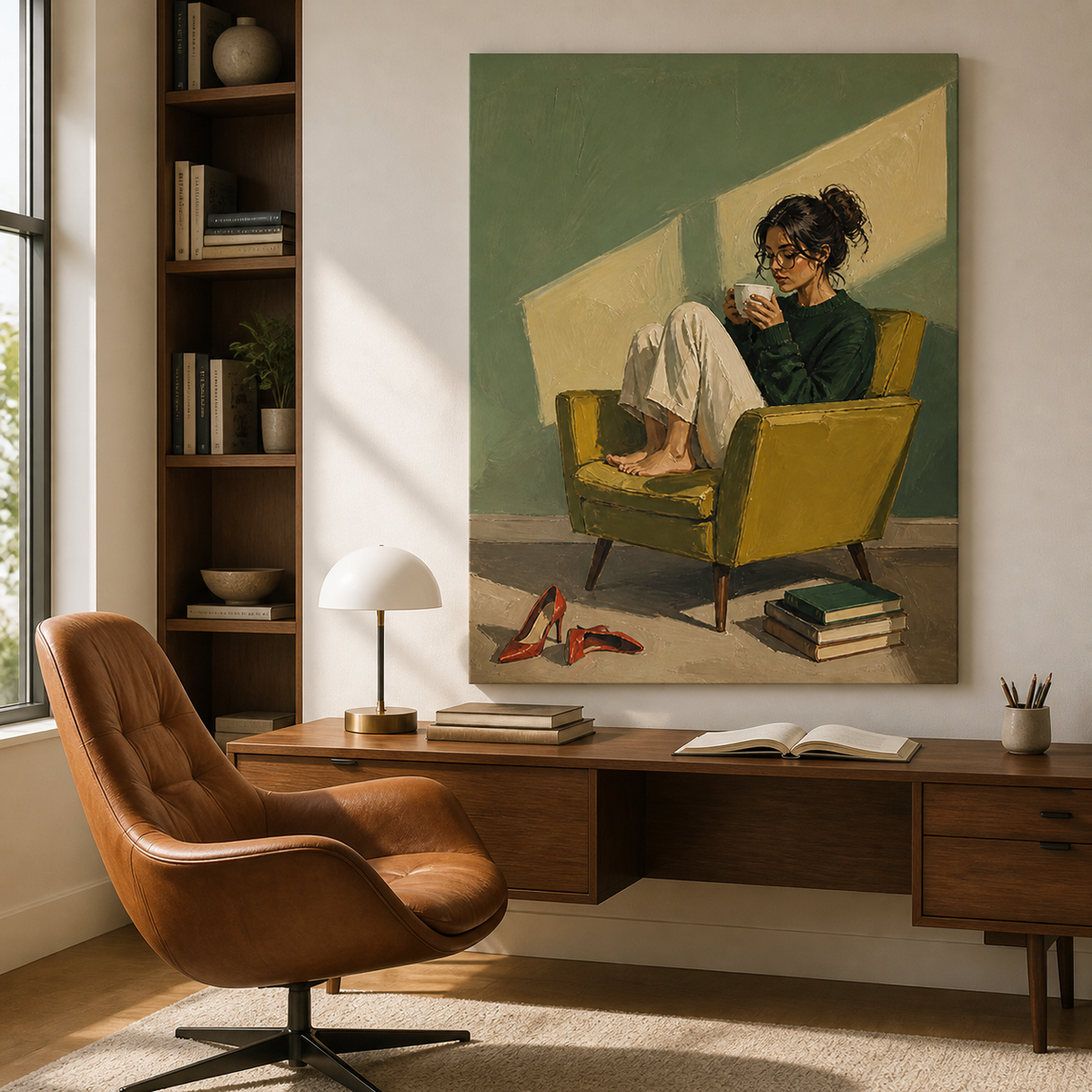 Woman drinking coffee wall art featuring a barefoot figure in glasses curled up in a mustard yellow chair beside red heels and stacked books.