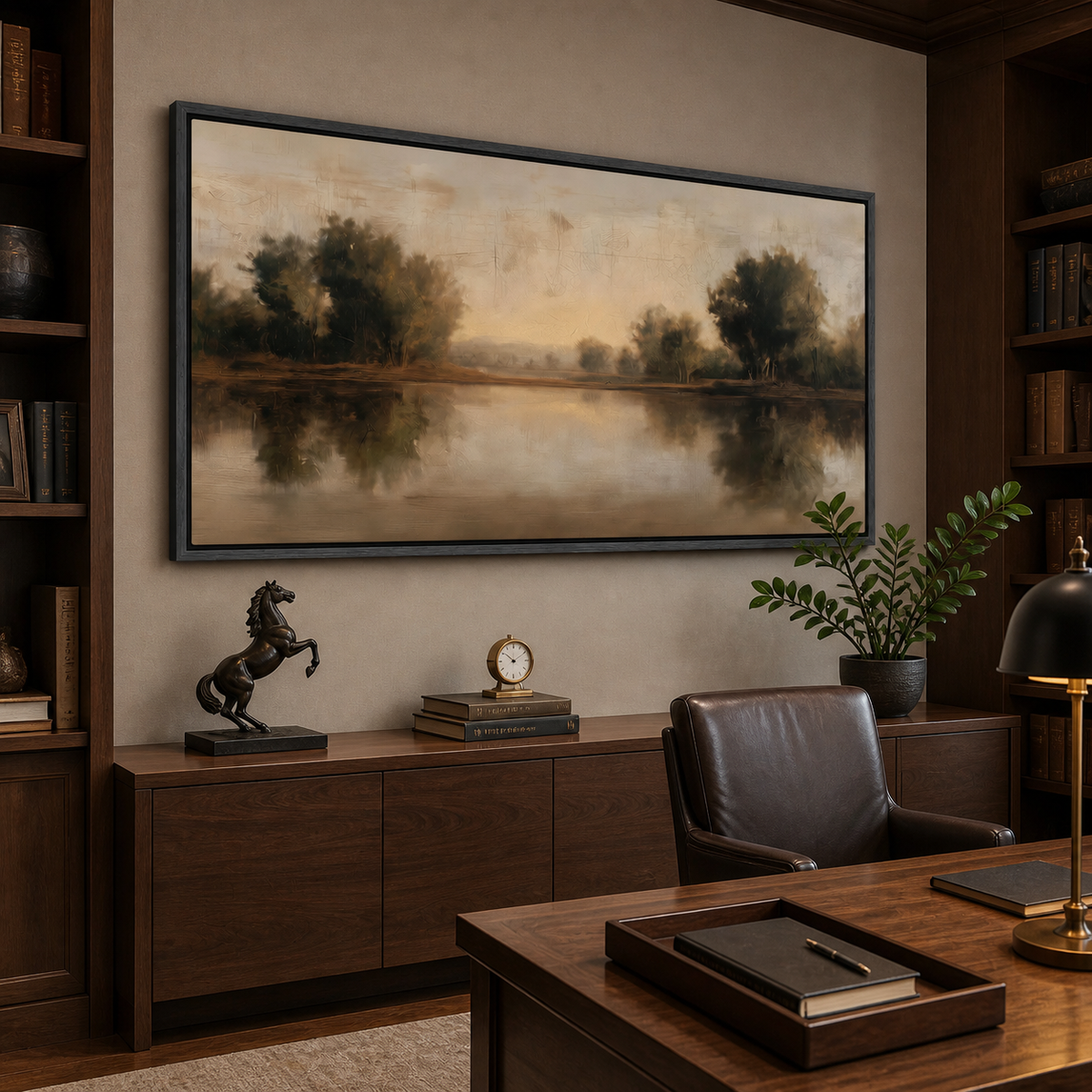 Panoramic neutral lake landscape wall art with reflected trees and a warm amber sky displayed above an entryway console.