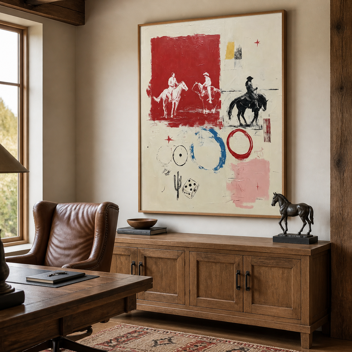 Abstract Western wall art with three cowboy riders and red blue graphic shapes above a leather sofa

