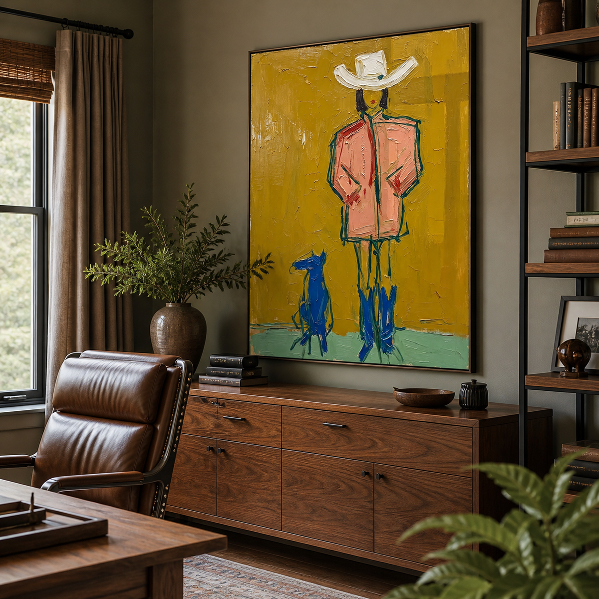 Cowboy and dog wall art with a white hat, salmon jacket and small blue dog displayed above a leather sofa.